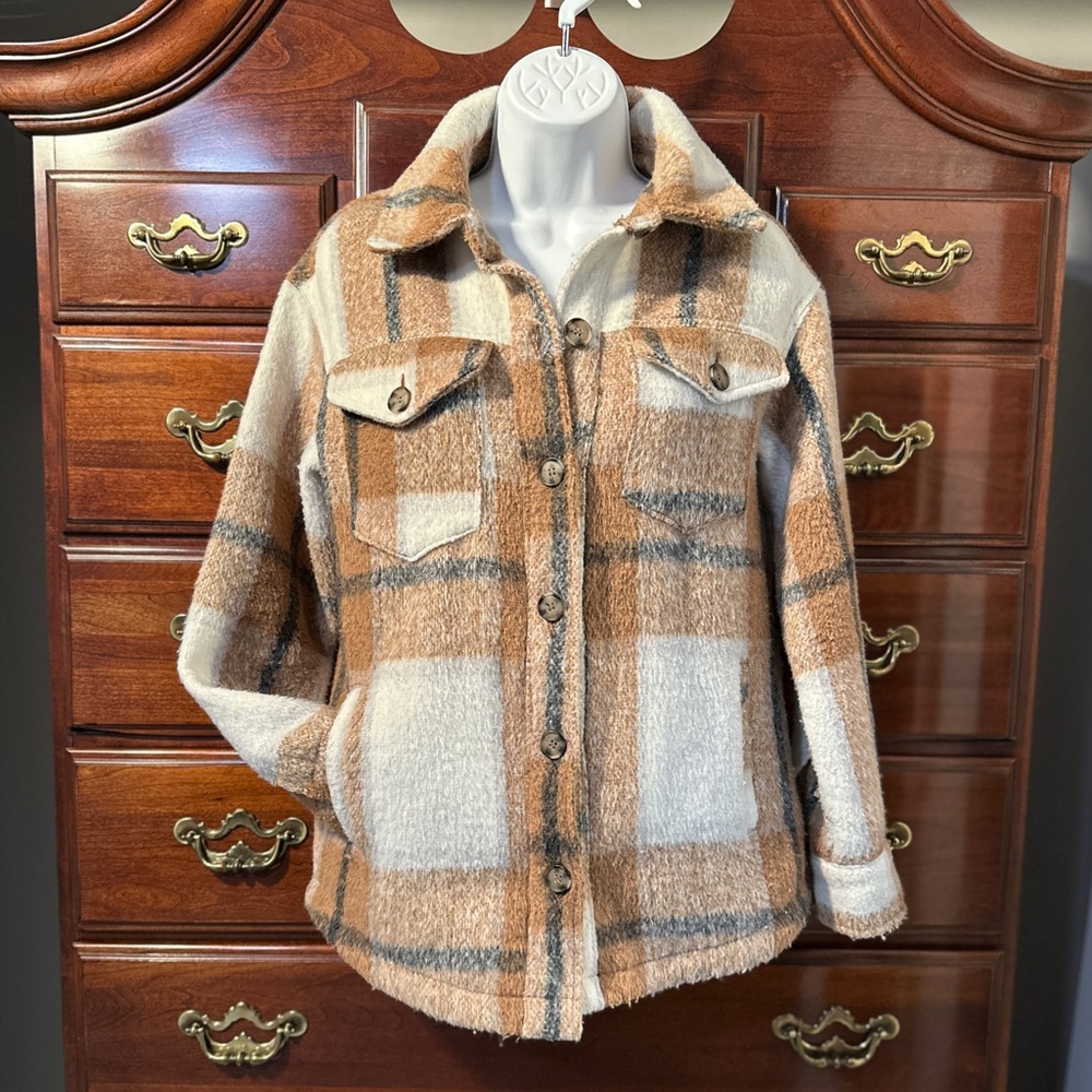Avec Les Filles Tan and Cream Plaid Shacket Jacket